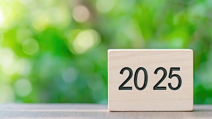 Celebrate the arrival of 2025 with a wooden block against a vibrant green bokeh backdrop in a serene garden setting