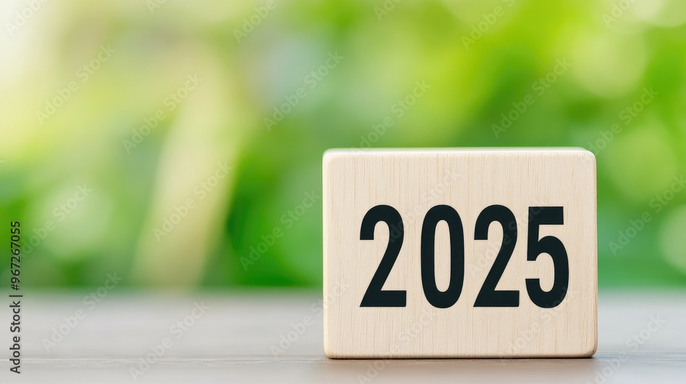 Poster a wooden block displaying the year 2025 surrounded by a vibrant green bokeh in a serene garden setti