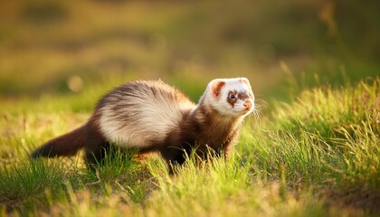 Playful ferret pair exploring a grassy field