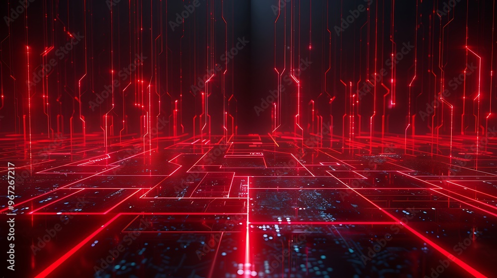 Poster futuristic digital landscape with red glowing lines, creating an immersive high-tech environment. pe