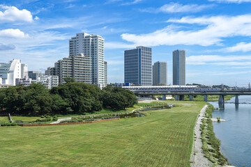 Obraz premium 快晴の新二子橋から 多摩川河川敷の兵庫島公園（東京都世田谷区）