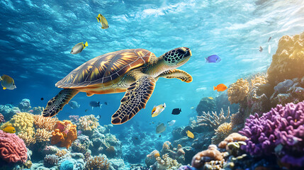 Obraz premium High-Definition Image of a Sea Turtle Swimming Gracefully Over a Coral Reef Surrounded by Colorful Corals and Fish