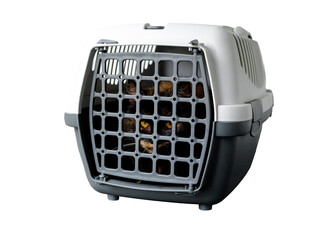 Empty gray plastic pet carrier with the cat inside isolated on white background close-up. Closed door. Side view. Concept of safe transportation of domestic animals. png.
