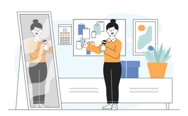 Rehearsal in front of mirror. Woman with microphone stands near mirror and sings. Businesswoman prepare herself for conference or seminar. Public speaker and orator. Linear vector illustration