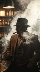 Obraz premium A mysterious gangster holding cigar in smoky bar, exuding an air of confidence and intrigue. dim lighting and swirling smoke create captivating atmosphere