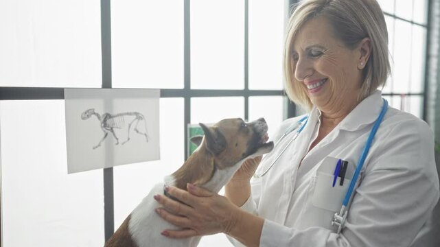 A smiling middle-aged blonde woman veterinary examines a small dog in a brightly lit clinic room with an animal skeleton poster on the window.