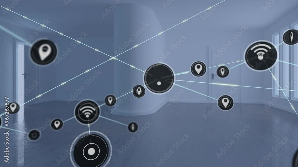 Aufkleber animation of network of connections with icons over empty room