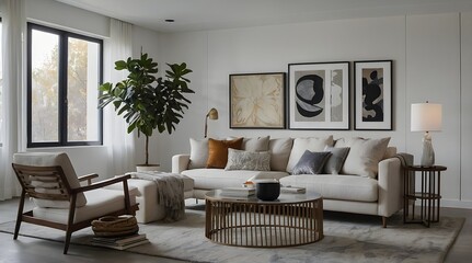modern minimalistic living room with long sofa 