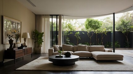 modern minimalistic living room with long sofa 
