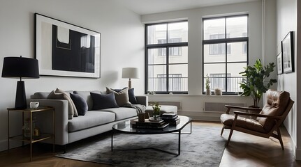 Fototapeta premium modern minimalistic living room with long sofa 