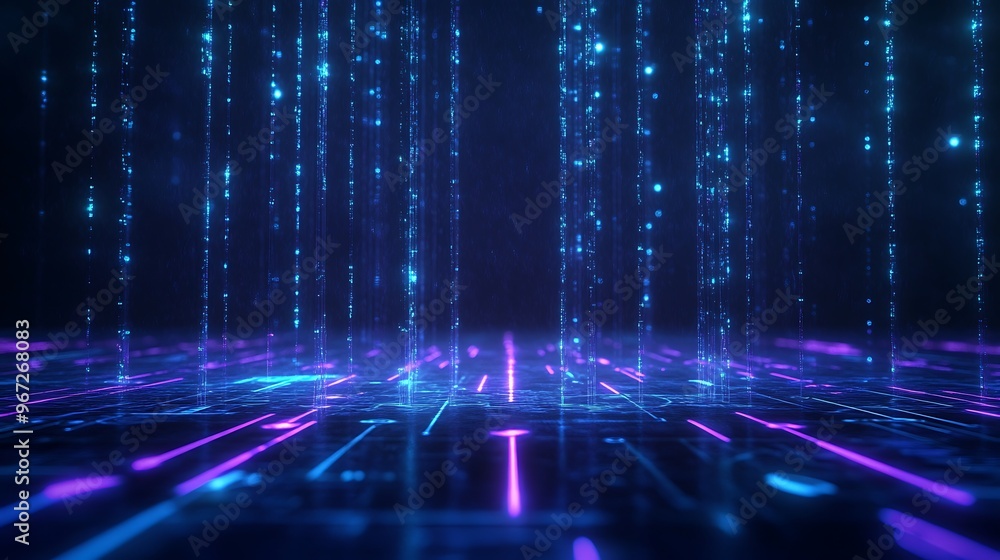 Poster futuristic digital landscape with vibrant neon lights and data streams creating a high-tech atmosphe