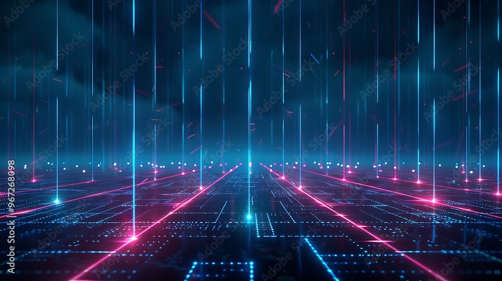 Poster futuristic digital landscape with vibrant neon lights and data streams creating a mystical cyber atm