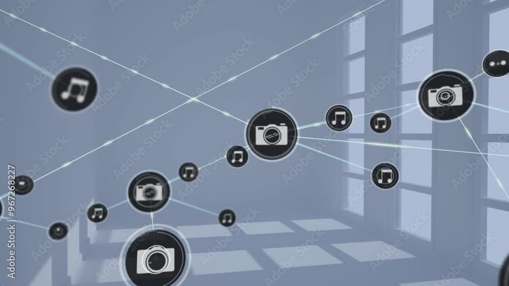 Poster animation of network of connections with icons over empty room