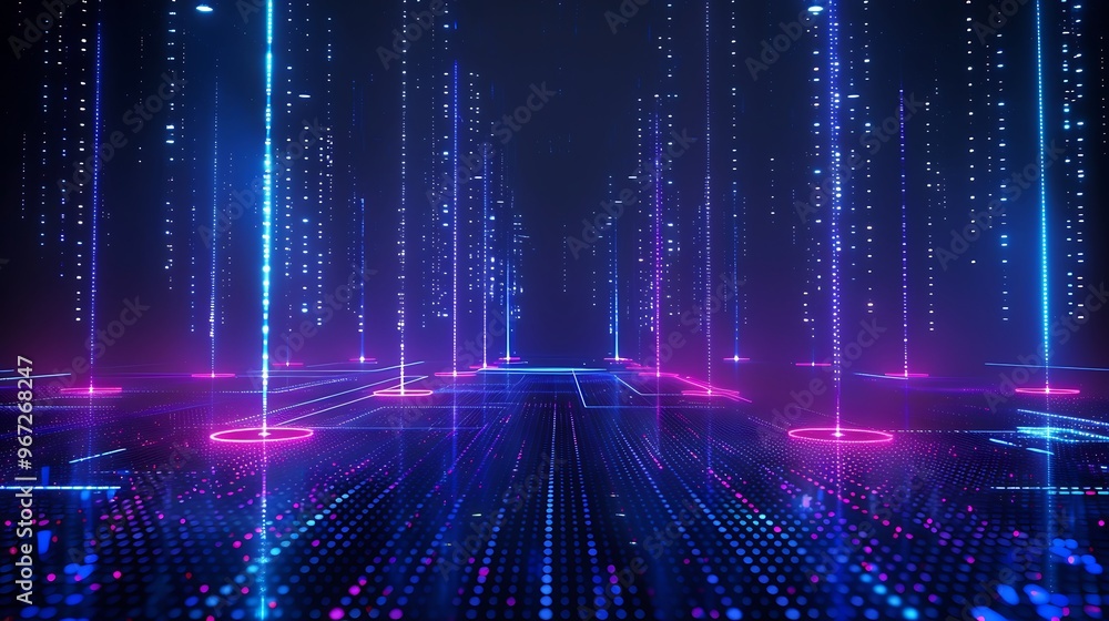Poster futuristic digital landscape with vibrant neon lights and glowing data streams creating a sci-fi amb