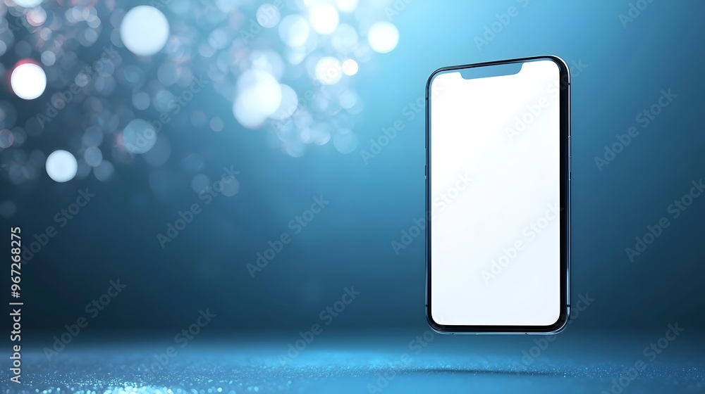 Poster futuristic floating smartphone with blank screen - modern tech device against deep blue neon backgro