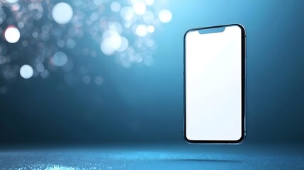 Futuristic Floating Smartphone with Blank Screen - Modern Tech Device Against Deep Blue Neon Background for Innovation and Branding Solutions