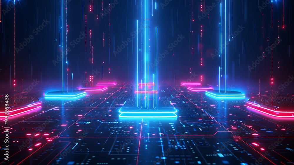 Poster futuristic digital landscape with vibrant neon lights and grid patterns, creating an immersive techn