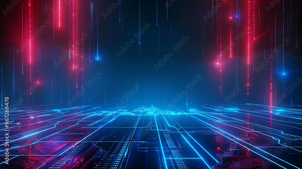 Poster futuristic digital landscape with vibrant neon lights and intricate grid patterns, creating a sense 