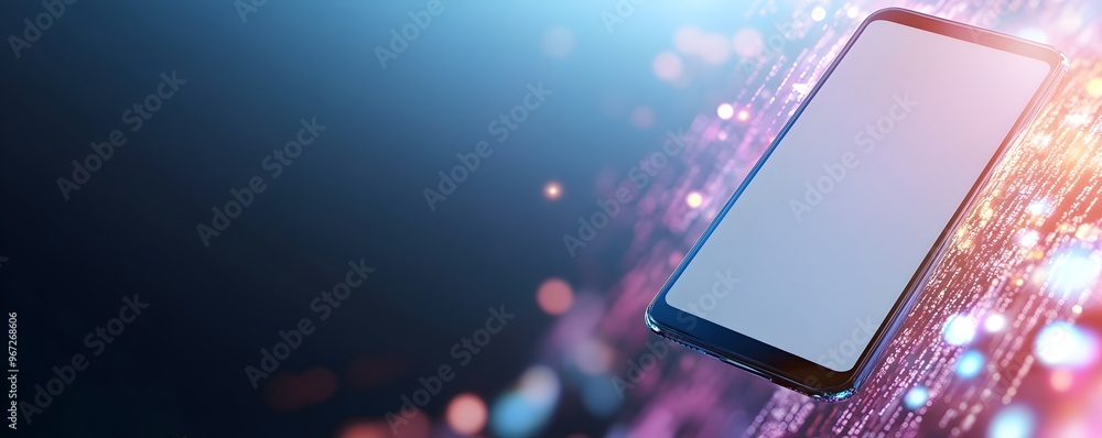 Poster futuristic floating smartphone in digital code - blank screen surrounded by holographic graphics for