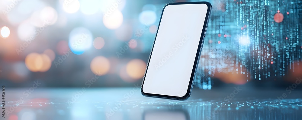 Poster floating smartphone in futuristic digital environment - ideal for ai software and gaming brands with