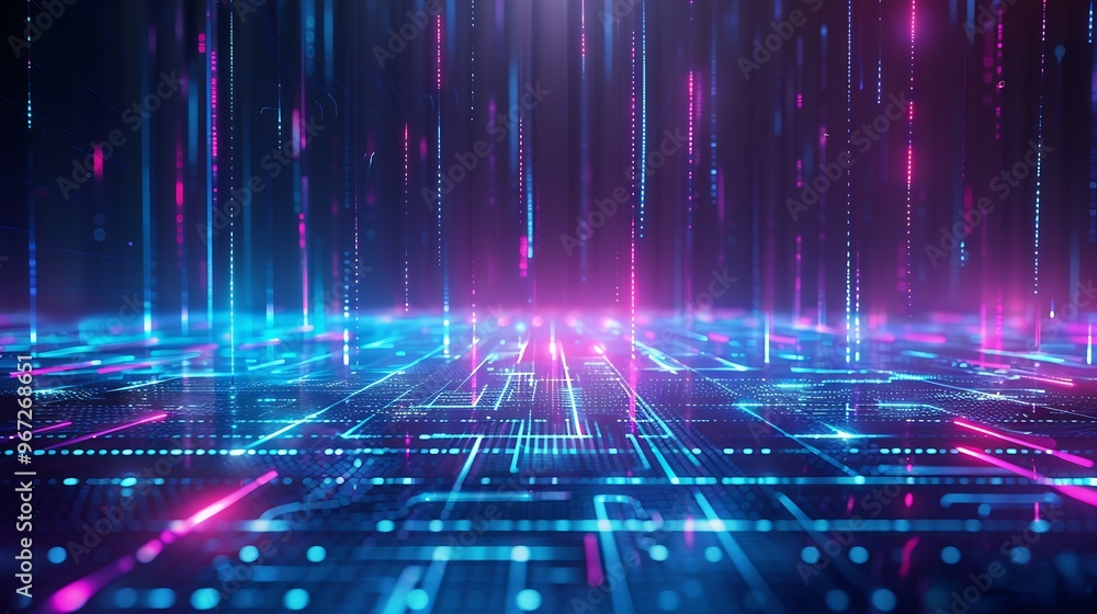 Poster futuristic digital landscape with vibrant neon lights creating a mesmerizing pattern against a dark 