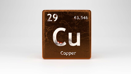 3D illustration of copper element with atomic number and atomic mass with copper material