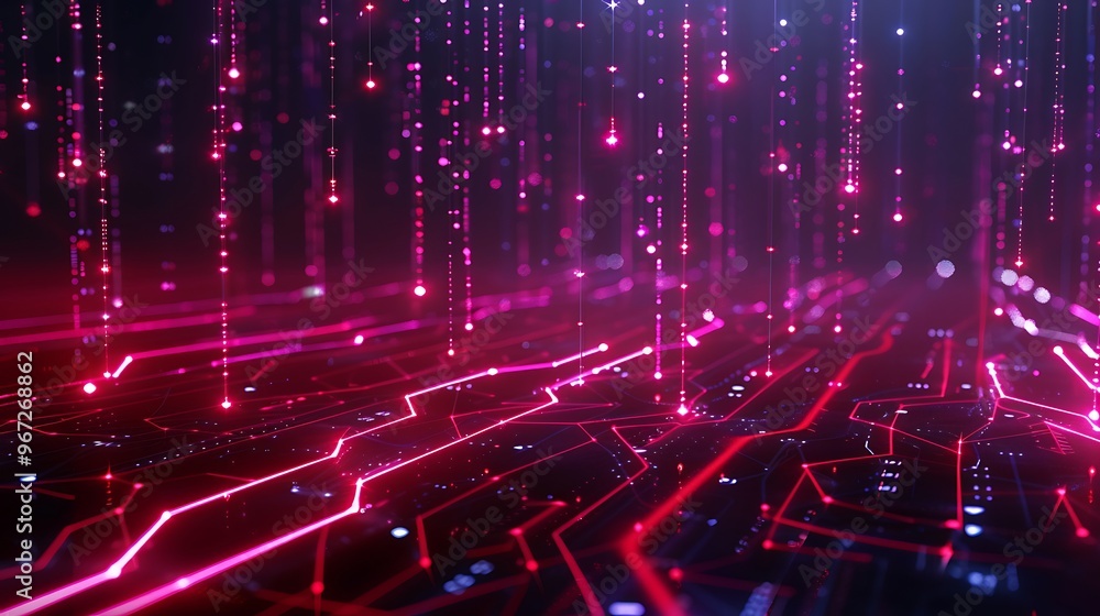 Poster futuristic digital landscape with vibrant pink lines and particles creating a mesmerizing technologi
