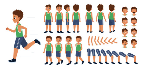 Fitness guy constructor. Man runner in sportive uniform. Pack of heads, legs and hands for creating animations. Active lifestyle and sports. Flat vector collection