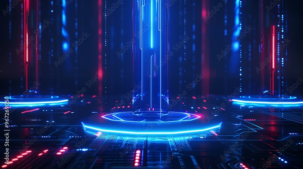 Poster Futuristic digital scene with glowing blue and red lights, showcasing a high-tech environment and abstract patterns. Stage for product presentation.