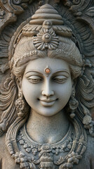 Goddess Parvati with serene smile, beautifully carved in stone, exudes tranquility and grace. This exquisite sculpture captures divine beauty and spiritual essence