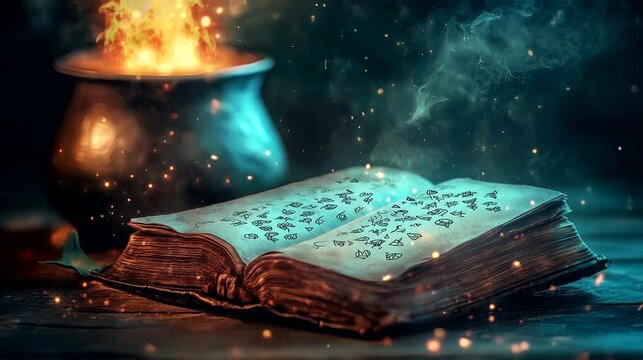 A weathered spellbook opened to a page of cryptic symbols. Halloween concept, looping 4k video animation background