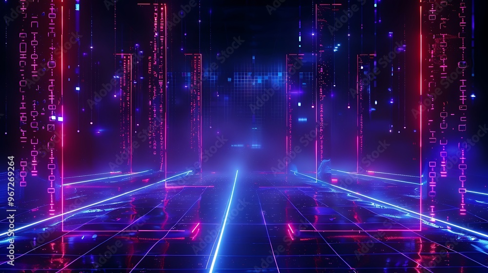 Poster futuristic digital space with vibrant neon lights and glowing lines, creating an immersive virtual e
