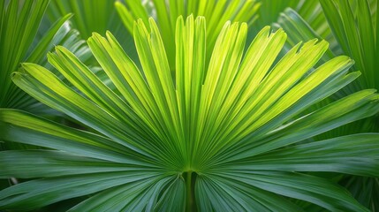 Vibrant Green Palm Leaf Texture with Sunlit Veins  Nature Background