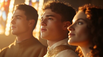Young Adults in Traditional Attire Attending a Ceremony in a Sunlit Chapel