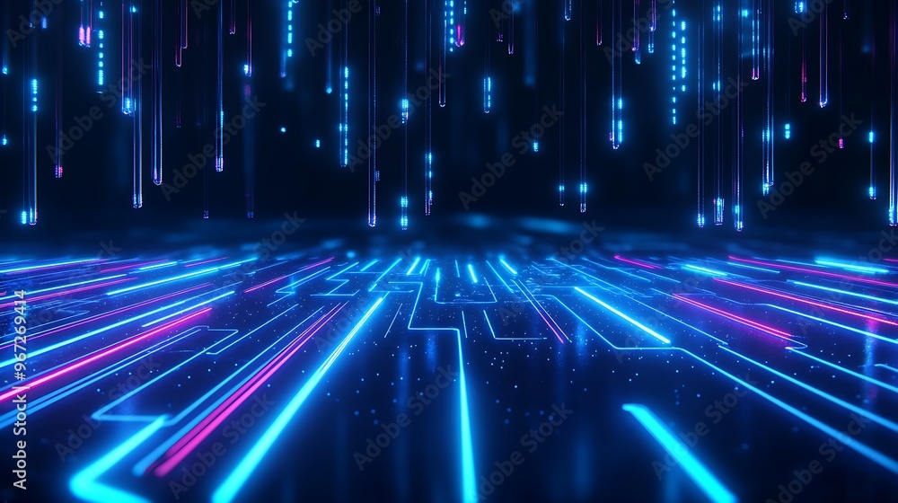Poster futuristic glowing lines and digital particles create a vibrant, immersive abstract background for t