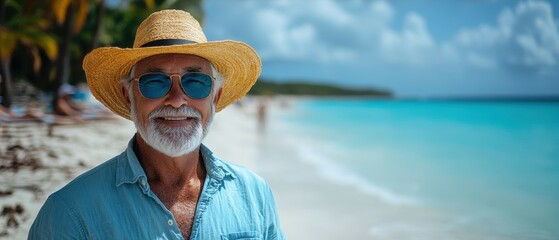 Happy Senior Man in Straw Hat and Sunglasses Enjoying Tropical Beach Vacation
