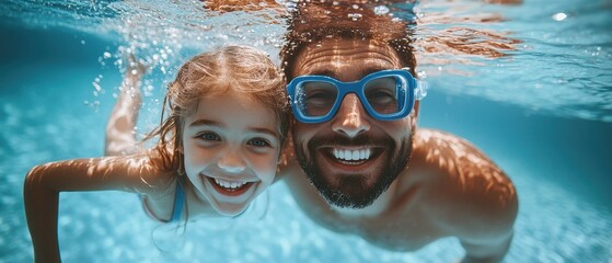 Naklejka premium Happy Underwater Family Fun, Dad and Daughter Smiling in Pool