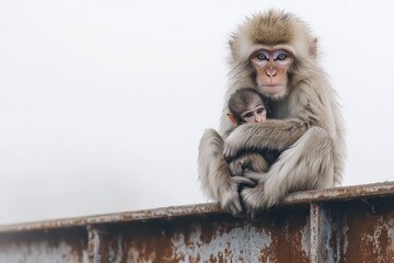 Naklejka premium Motherly Love - A Japanese Macaque Protecting her Young