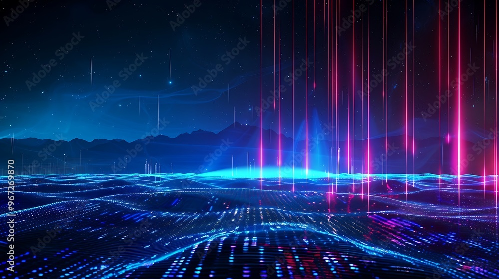 Poster futuristic landscape with vibrant neon lights and digital patterns, creating a mesmerizing and immer