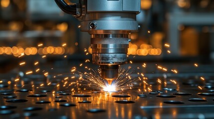 Industrial Laser Cutting Machine with Sparks and Metal Sheet