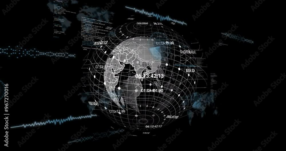 Poster animation of data processing over globe on black background