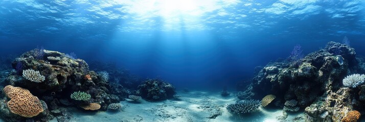 Obraz premium Underwater Scene with Sunlight Rays, Coral Reef, and Rocks