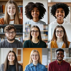 Square shaped collage of diverse ethnicity young people, group headshots