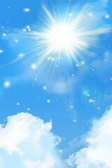 Naklejka premium Blue Sky with Shining Sun, Radiant Sunbeams, Soft White Clouds, and a Dazzling, Heavenly Glow