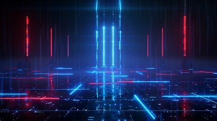 Futuristic neon grid with glowing blue and red lines, creating an immersive digital landscape for technology and sci-fi themes. Stage for product presentation.