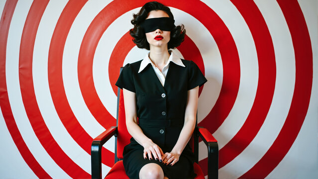 A woman deprived of sight sits at the center of a symbolic target — an enigmatic image of mental constraint, suggestion, and fragmented identity.