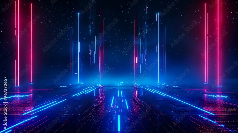Poster futuristic neon landscape with glowing lines and reflections, creating a mesmerizing atmosphere for 