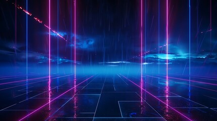 Futuristic neon landscape with glowing lines and vibrant colors, perfect for digital art and technology-themed projects. Stage for product presentation.