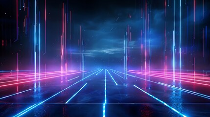 Futuristic neon landscape with glowing lines, creating a vibrant and mystical atmosphere for technology and sci-fi themes. Stage for product presentation.