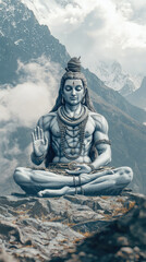 Fototapeta premium Lord Shiva meditating in Himalayas, surrounded by majestic mountains and clouds, embodies tranquility and spiritual depth. This serene scene captures essence of peace and meditation